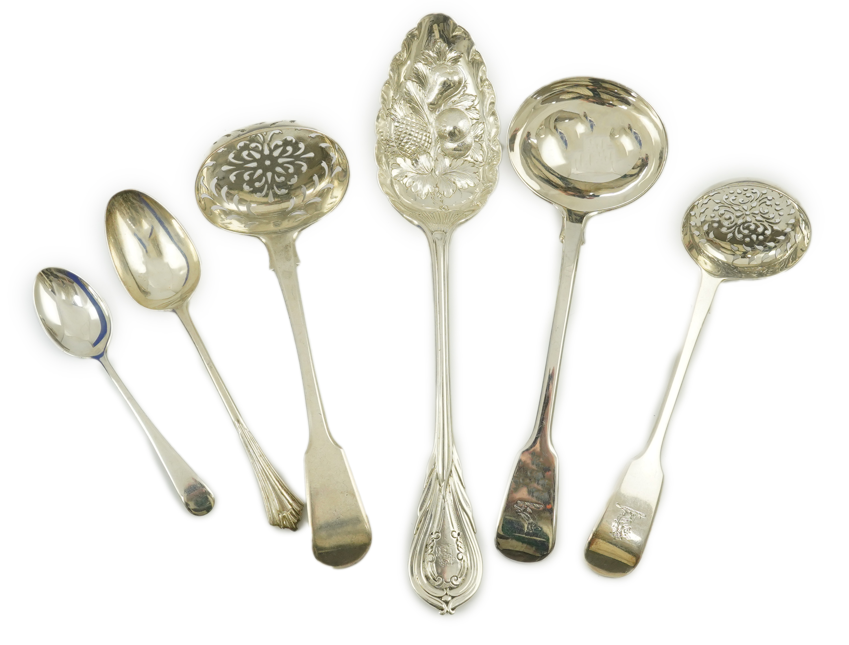 Five Victorian silver 'berry spoons, John Gamage?, Birmingham, 1856, together with eight other silver spoons including two sifter spoons and a sauce ladle